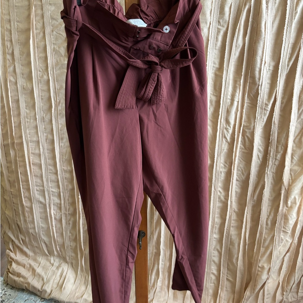 High-Waist Paperbag Pants with Tie Belt - Burgundy